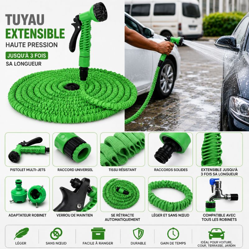 Tuyau d'Arrosage Extensible Haute Pression, Lavez votre voiture à domicile et économisez de l'argent à chaque lavage !
